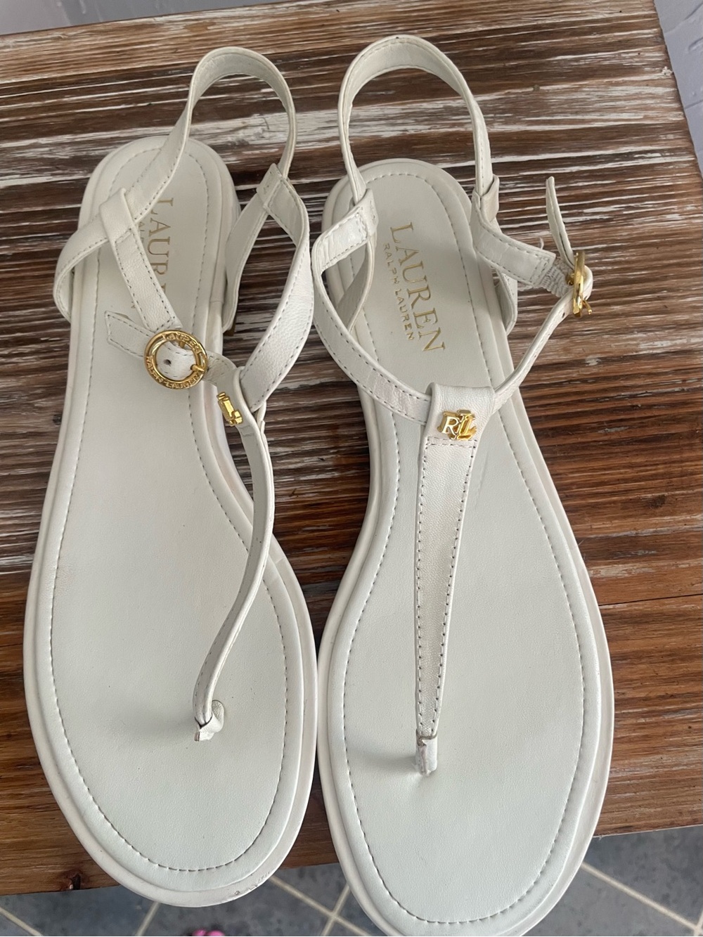 Ralph Lauren White T-Strap Gold-Accent Sandals